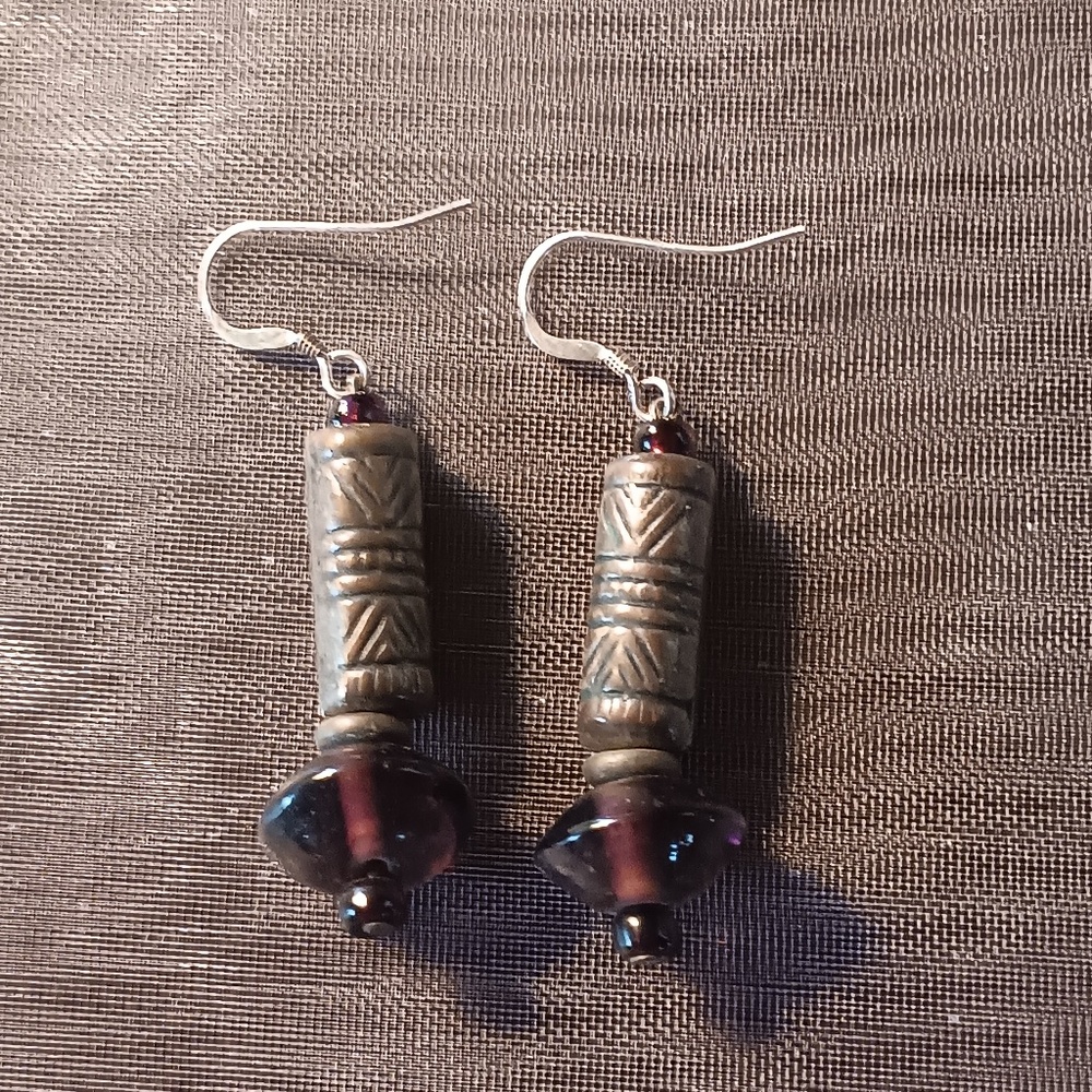 New Etched Metal and Purple Glass beads on SS Ear Wires